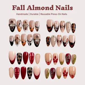 Younique Nails Fall Almond Nails Collection Handmade Press-On Nails Reusable Colorful Art Glossy Design with Flowers & Gold Accents acrylic lovers long-lasting high quality Luxury  Pearls and Rhinestones 3D stylish office wear cherry