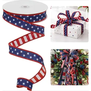 4th Of July Patriotic Wired Ribbon 2 Inch X 10 Yards, Reversible Stars Stripes Dupioni Fabric For Wreaths Crafts, Independence Day Memorial Day Home Decor, DIY Bow Making Supplies For 250th Anniversary Celebration Party