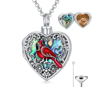 MEIDERBO Cardinal Memorial Photo Pendant Necklace 925 Sterling Silver Abalone Shell Inlay Cremation Urn Keepsake Jewelry