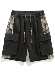 Men's Trendy Colorblock Cargo Shorts with Cartoon Print, Casual Pocket Shorts, Fitted Design for Fall & Winter, Stylish 3D Pocket Decoration, Drawstring Shorts, Casual Fashionable Shorts