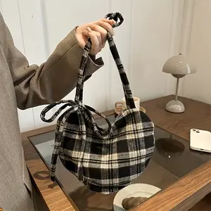 Black & White Plaid Heart-Shaped Mini Handbag with Tie Strap