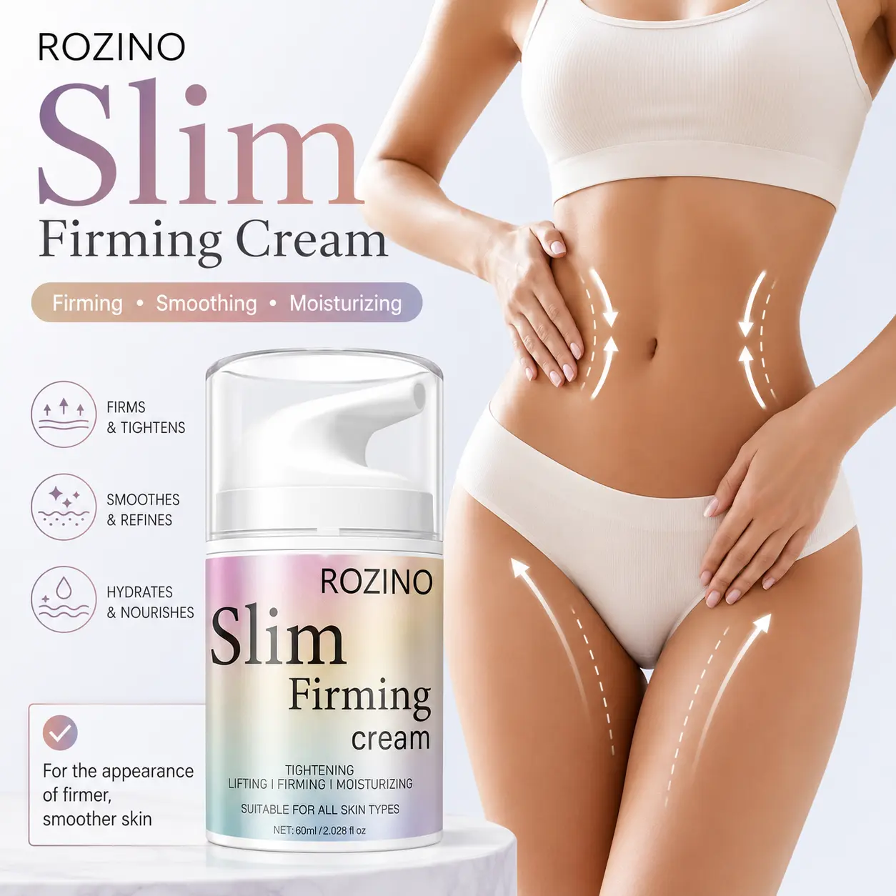 ROZINO Body Firming Cream 60ml, Moisturizing Body Care Cream with Ginger Extract, Hydrating Lotion for Smooth & Soft Looking Skin