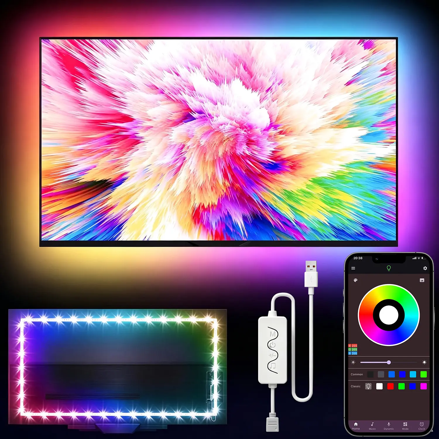 USB Powered RGB LED TV Backlight Strip Lights, Bluetooth APP Music Sync Color Changing Ambient Lights, Adjustable RGB LED Lighting for 32-75in TV, Bedroom Home Theater Decoration