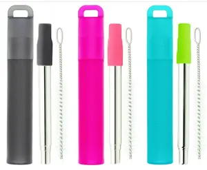 NAIVELY-Reusable Straws  Collapsible Portable Stainless Steel Straws with Case,Silicone Tips and Cleaning Brush,Retractable Portable Travel Straw Lightweight Drinkware Sturdy