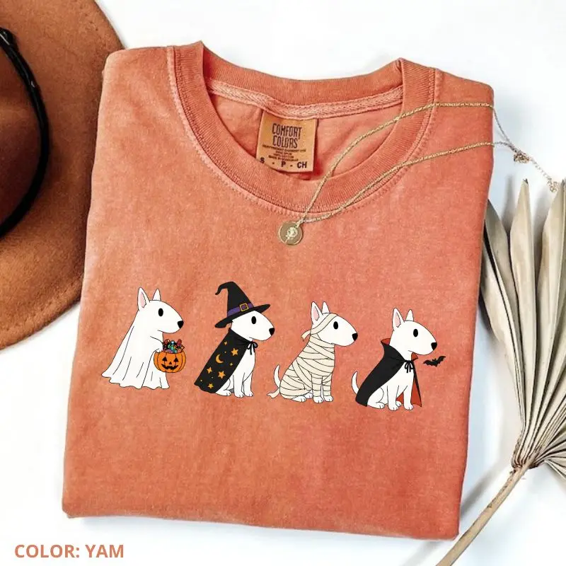 Comfort Colors Bull Terrier Halloween T-Shirt, Trick or Treat Dog T-Shirt, Bully Breed Lover Gift, Spooky Season Graphic Tee, Cotton Fabric