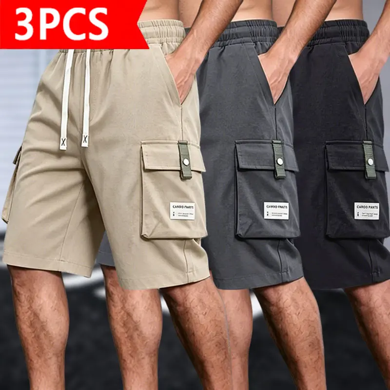 3-Pack Men’s Casual Cargo Shorts, Elastic Waist Drawstring with Multiple Pockets, Lightweight Quick-Dry Shorts for Summer, Perfect for Everyday Wear, Hiking, and Streetwear.