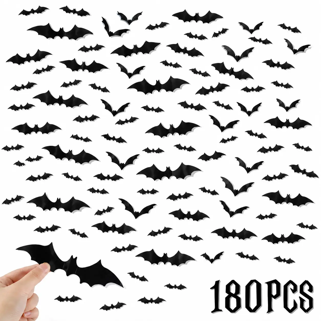 180PCS 3D Bat Lightweight Decorative Stickers Set - 4 Sizes with Adhesive, Non-Light-Up Flying Bats for Indoor Halloween Decorations, Home Room Party Surfaces, Wall Stickers & Murals, Photo, Wing