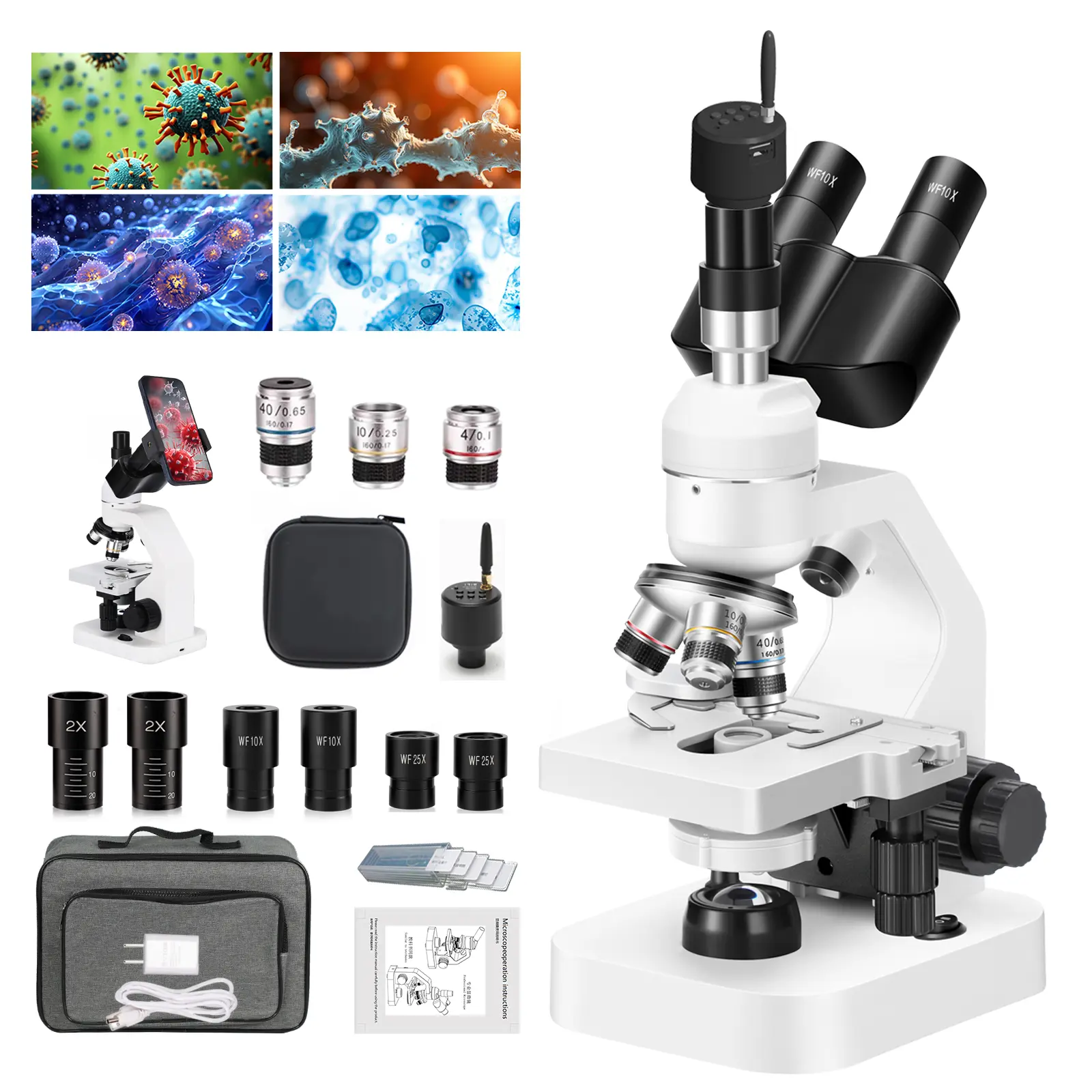 10x 3-Eye Digital Microscope, 40-2000x Magnification, Double-Layer Movable Stage, Computer-Connectable Electronic Eyepiece, Scientific STEM Teaching Supplies, For Students