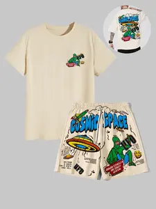 Men's Cartoon Astronaut Print Tee & Shorts Two-Piece Set, Regular Fit Casual Round Neck Short Sleeve T-shirt & Track Shorts, Men's Summer Clothes