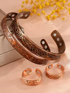 Magnetic Bracelet Set for Men & Women, Vintage Floral Design Copper Color Jewelry, Energy Stone Bangle Ring Accessories