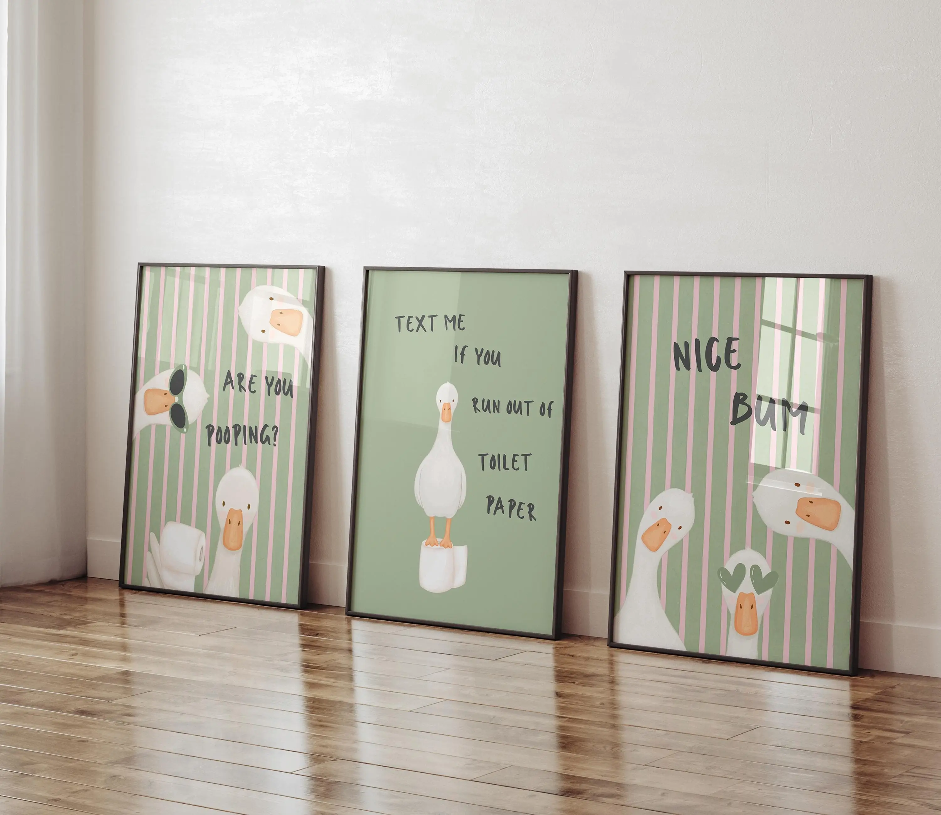 [Unframed] Funny Goose Bathroom Print Set of 3, Green Pink Stripes Pooping Wall Art, Nice Bum Bathroom Decor