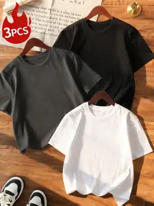 3-Pack Loose-Fit Drop Shoulder Short Sleeve Summer Basic T-Shirts, Plain Casual Round Neck Women's Top, Comfortable Daily Everyday Wear