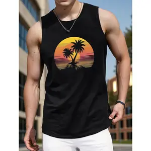 Men'S Sleeveless Vest, Tropical Palm Tree Sunset Design-Maroon Casual Summer Vest, round Neck, Machine Washable, Summer Vest