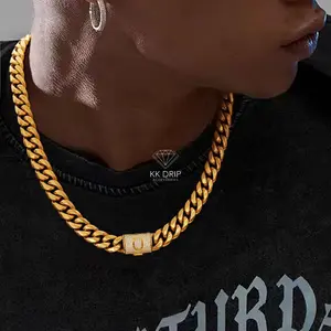 His & Hers 14mm Gold Cuban Link Chain 16/20/24/28in Bold Hip Hop Necklace for Men & Women Stainless Steel Initial A-Z Engraved Trendy Fashionable Accessories cuban link chain chains for men name necklace dad gifts