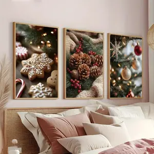 3pcs Christmas Cane Sugar Bell Pinecone Snowflake Canvas Art, Wooden Frame Wall Decor Modern Home Decor for Living Room Bedroom, Festive Winter Decoration