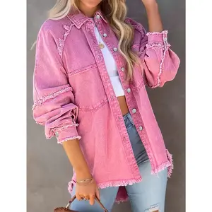 Pastel pink denim jacket-women's casual button-up Jean outerwear-frayed raw hem with pockets