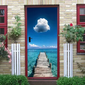 2pcs   Mediterranean Style Wooden Pier Sea View Wall Sticker Self Adhesive Removable Blue Sky White Cloud Ocean Landscape Decal for Living Room Bedroom Home Wall Decoration Eco Friendly PVC Material