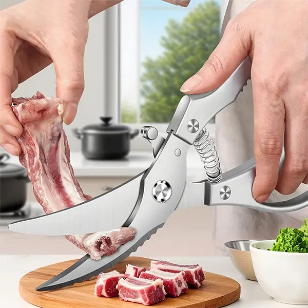 Curved Stainless Steel Poultry Scissors, Kitchen Utensils with Spring-Loaded Anti-Slip Handle & Safety Lock for Chicken Cutting