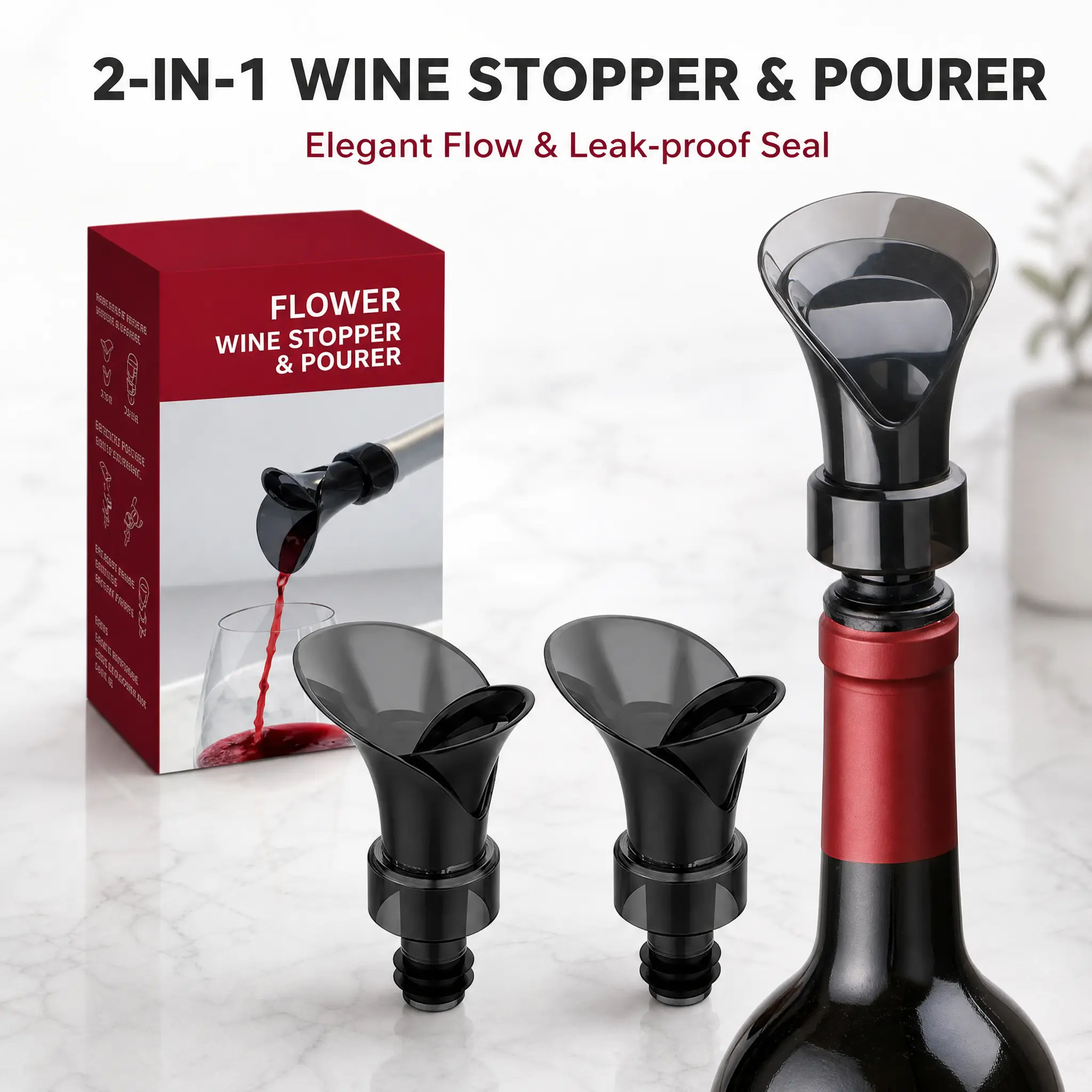 2-Pack , 2-in-1 Petal Wine Cork , No Drip and No Spill Aerator for Wine Lovers, Gift Box Included - Black