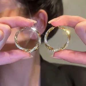 Shiny diamond-embellished twisted hoop earrings for women DDES0168 new trendy unique fashion niche design light luxury simple stylish earrings for women 14K Gold-Plated