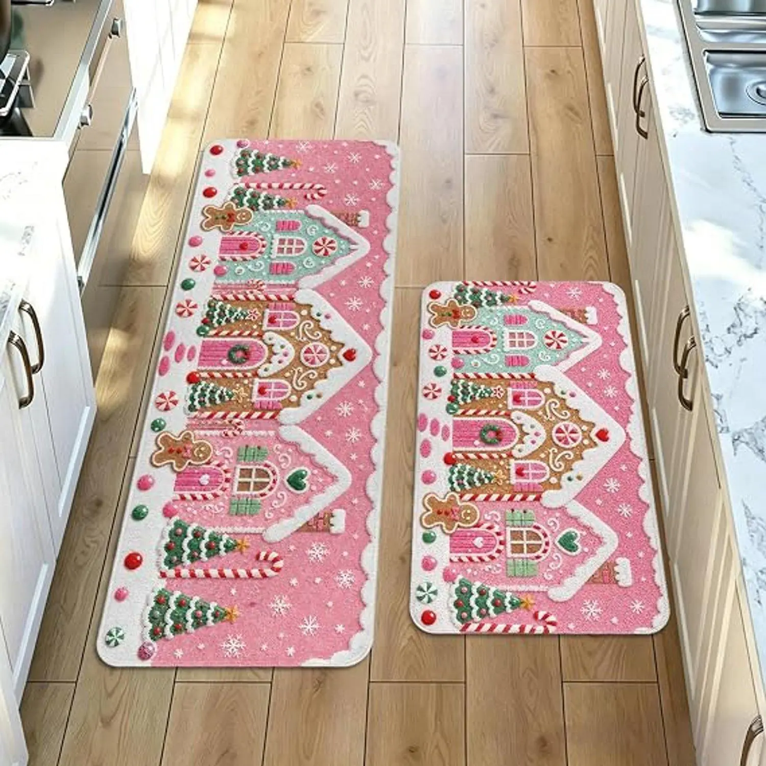 Pink Gingerbread House Christmas Print Flannel Indoor Kitchen Rug