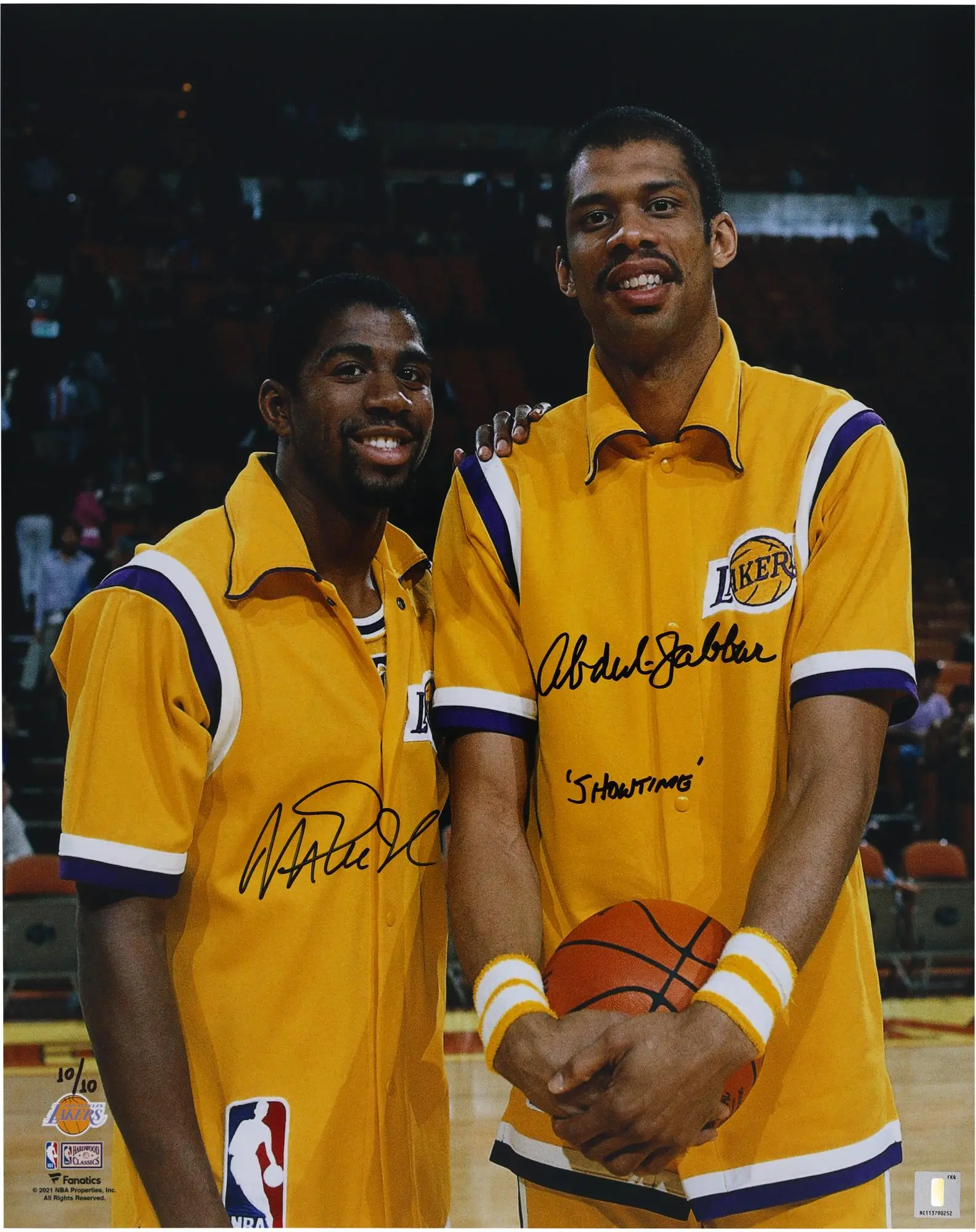 Kareem Abdul-Jabbar and Magic Johnson Los Angeles Lakers Autographed 16" x 20" Warm ups Photograph with "Showtime" Inscription - Limited Edition #10 of 10 - Fanatics Authentic Certified