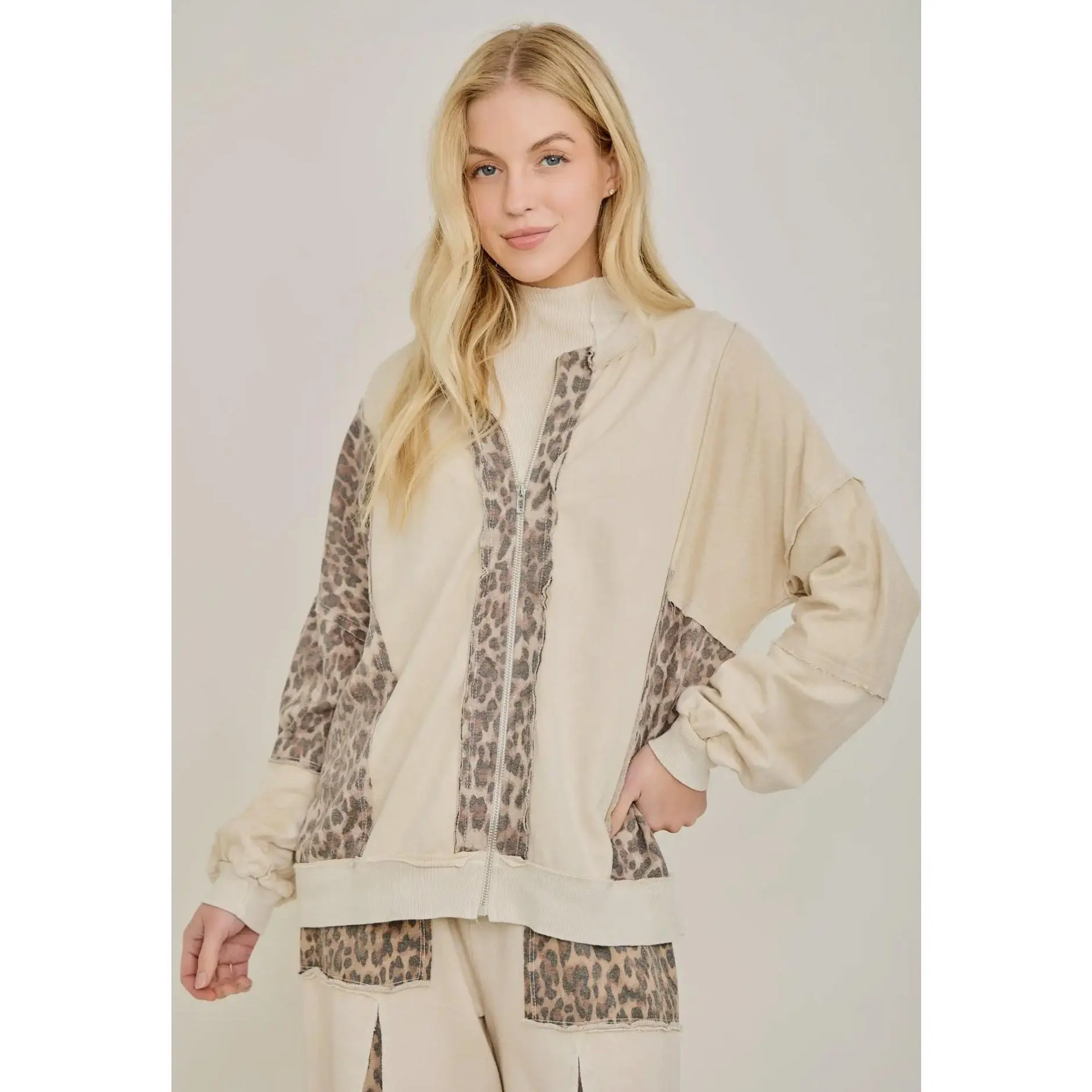 Mineral Washed Cheetah Zipper Bomber Jacket