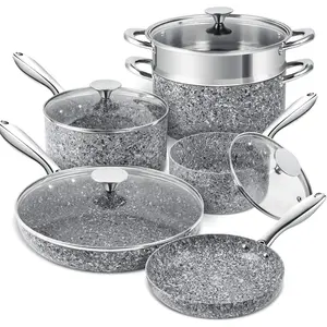 Stone Cookware Set 10 count, Ultra Nonstick Pots and Pans Set with Stone-Derived Coating, Kitchen Cookware Sets, Stone Cookware Sets, Granite Pots and Pans - 10 count