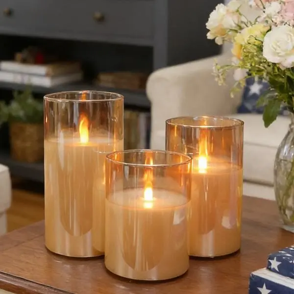 Battery Operated Flameless Candles 3-Pack, Real Wax Glass Flickering LED Candles with Remote Control & Timer, Electric Fake Candles for Christmas Wedding Home Indoor Party Decor
