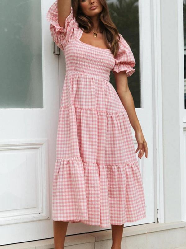 Women's Gingham Print Bubble Sleeve Dress, Casual Short Sleeve Square Neck A Line Dress for Summer, Women's Clothing for Daily Wear