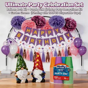 Ultimate Party Celebration Set: Gnomes & Balloon Arch Kit & Purple Pink Birthday Party Decorations Kit ( Sending with 100PCS Disposable Cups )  Hanging Light Hangable