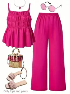 Casual Wrinkled Texture Tank Top & Wide Leg Pants Set Womenswear, Perfect for Daily Wear, Vacation, Sister Photos, Spring Summer Clothing