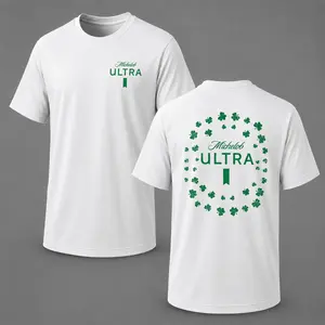 Michelob Ultra Shamrock Beer T-Shirt, St. Patrick's Day Clover Graphic Tee, Lucky Irish Drinking Shirt, Vintage Distressed Front And Back Print, Funny Beer Lover Gift For Men Women, Holiday Party Outfit