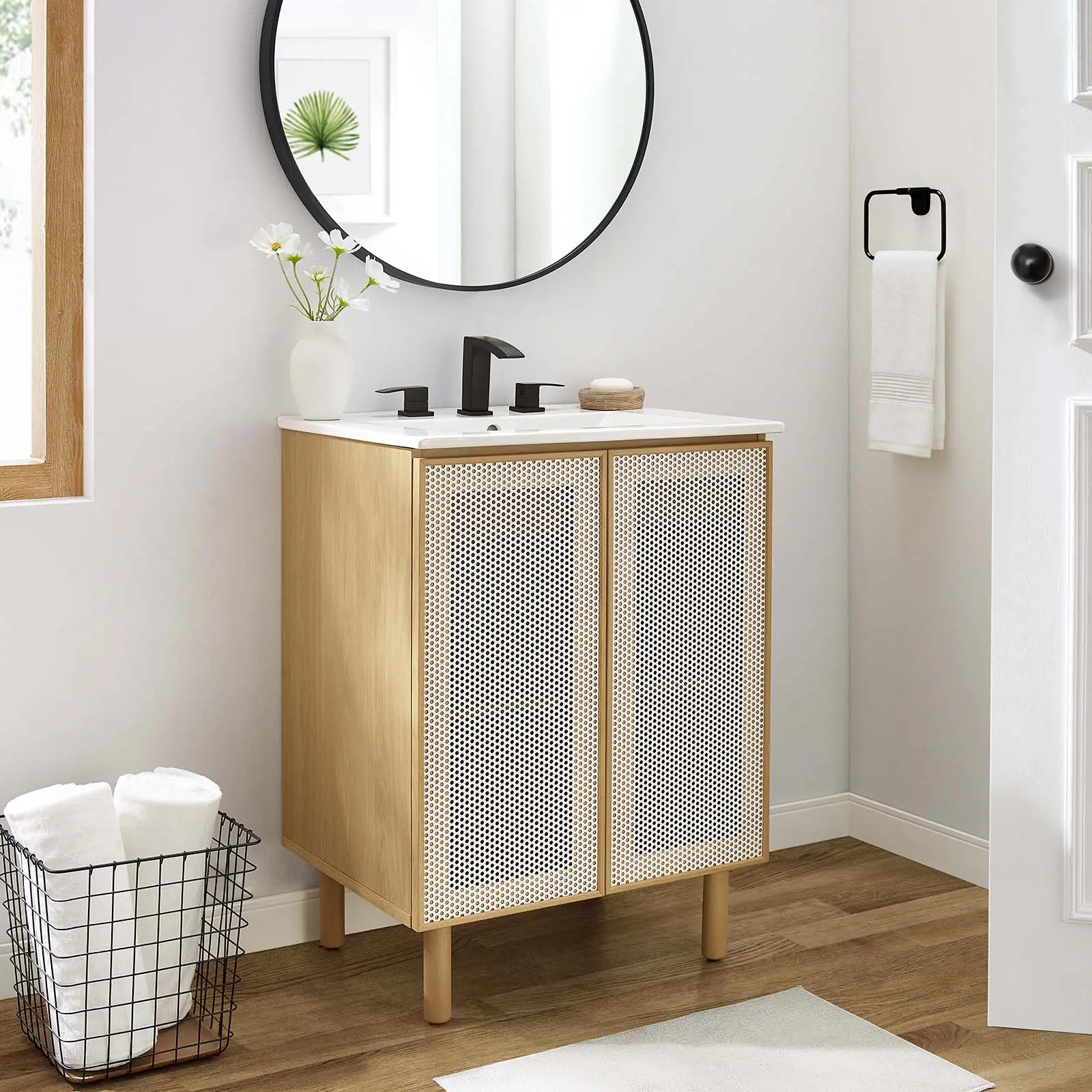 Modway Calla 24" Perforated Metal White Oak Bathroom Vanity, Modern Bathroom Fixture Set with Storage Cabinet, Bathroom Storage Cabinet, Modern Bathroom Fixture Sets