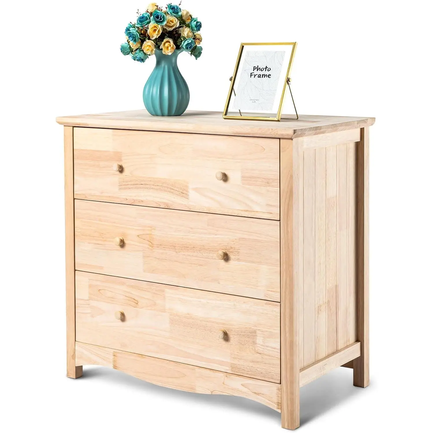 Unfinished Natural Solid Wood 3 Drawer Dresser for Bedroom, Farmhouse Dressers & Chests of Drawers Color DIY Rubber Wood Dresser with Full Extension Drawer Slides & Wood Knobs Rustic Style