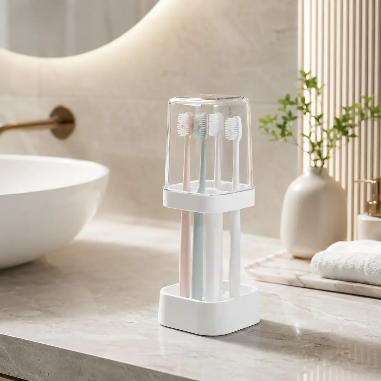 Three-Slot Toothbrush Holder with Cup Cover Multifunctional Bathroom toothbrush holder, toothbrush holder with cover, Minimalist Dust Proof Toothbrush Storage Organizer for Family Bathroom Use