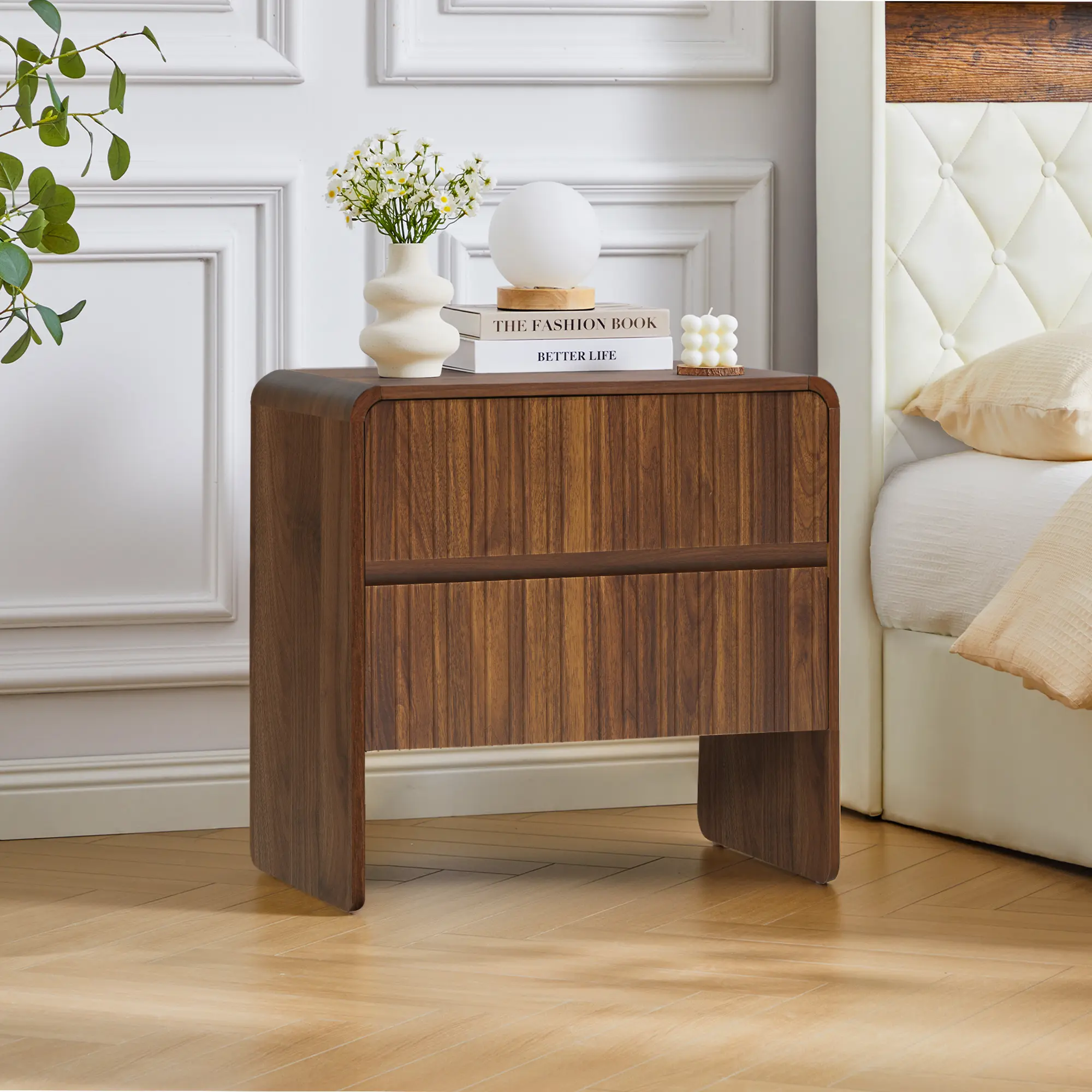 FurSch Mid Century Modern 2-Drawer Dresser, Small Nightstand, Curved Wood Side Table, Bedroom, Living Room, Hallway, Entryway