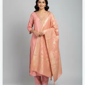 Raw Silk Kurta with Banarsi Dupatta Perfect Outfit for Any Special Occasions in Soft Peach Color