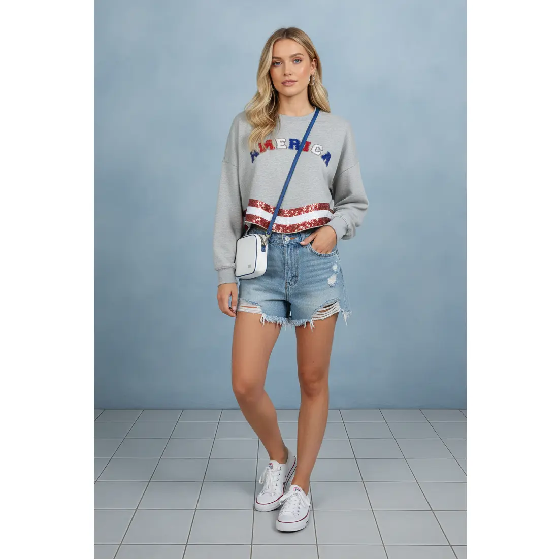 THE AMERICANA CREW LONG SLEEVE SEQUIN CROP PULLOVER SWEATER
