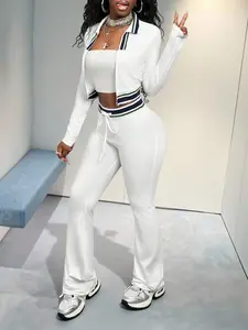 Colorblock Collar Short Zipper Top Slim Fit Bell Bottom Pants Sportswear Casual Hot Girl Two-Piece Set