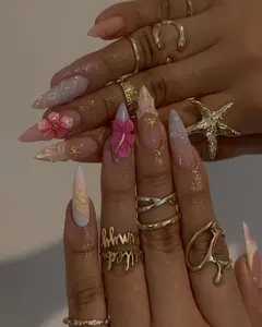 Summer Tropical Vibes Press On Nails, Island-Inspired Press On Nails, Pink Ombré Nails, 3D floral pink nails,Handmade Beach Press On Nails