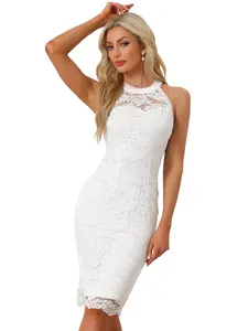 INSPIRE CHIC Halter Formal Sleeveless Bodycon Wedding Guest Cocktail Lace Sheath Dress
