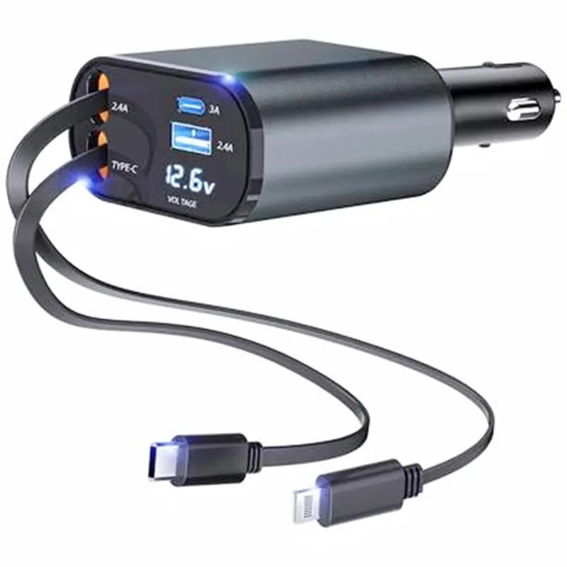 4-in-1 Retractable Fast Car Charger with Voltage Monitor Dual USB Ports for iPhone & Type-C PD QC3.0 AFC MTK FCP Compatible with 12V-24V Cars