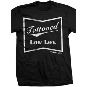Men's Tattooed Low Life Graphic T-Shirt - 100 Cotton, Black with White Print, Casual Round Neck, Short Sleeve Tee for All Seasons