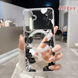 Monochrome Tulip Grace Pattern Magnetic Phone Case for Samsung Galaxy S26 Edge S23 Ultra S24 Plus FE S25 S22+ Non-Yellowing Clear Crystal Drop-proof Slim Silicone Shockproof Transparent Acrylic Large Hole Cover Supports Wireless Charging