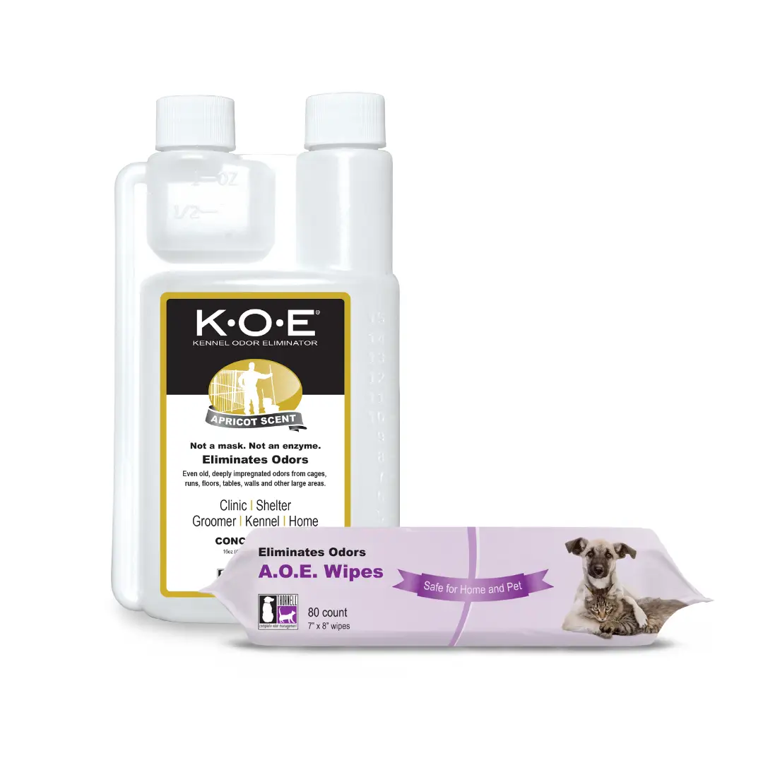 Basic Pet Care Kit with Wipes (2 Piece) A.O.E. 80ct Wipes and K.O.E. (Apricot, Fresh, Original) 16oz Concentrate