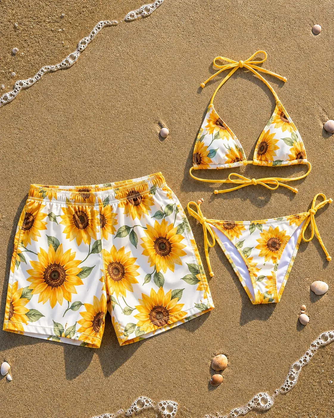 Sunflower Couple Swimwear Set – Sunflower String Bikini & Matching Board Shorts, Floral Summer Beachwear