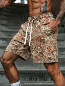 Men's Ethnic Pattern Shorts, Vintage Design, Elastic Waist with Drawstring, Loose Fit Summer Beach Pants, Casual Vacation Wear