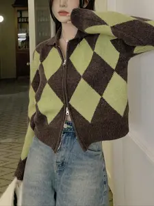 Spring Autumn Knitted Plaid Long Sleeve Women's Open Front Cardigan, Casual Style, All Seasons, Perfect for Daily Wear