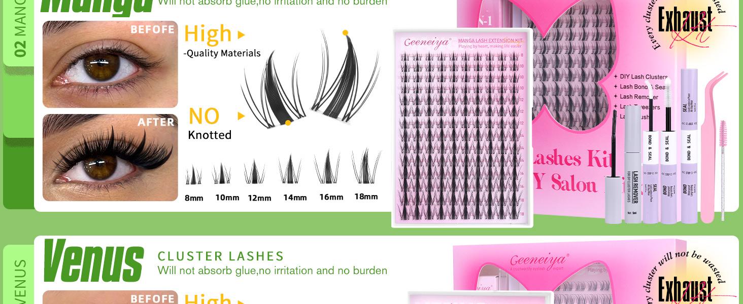 Geeneiya Lashes Waterproof DIY Lash Extension Kit, 8-18MM Wispy Lash Clusters Kit,Ultra-thin Soft Band Eyelash Extension Kit with Waterproof Lash Bond and Seal,Lash Remover,Tweezers for Girls Gift Makeup Cosmetic (Flora/ Venus/ Manga)TikTokShopBlackFriday